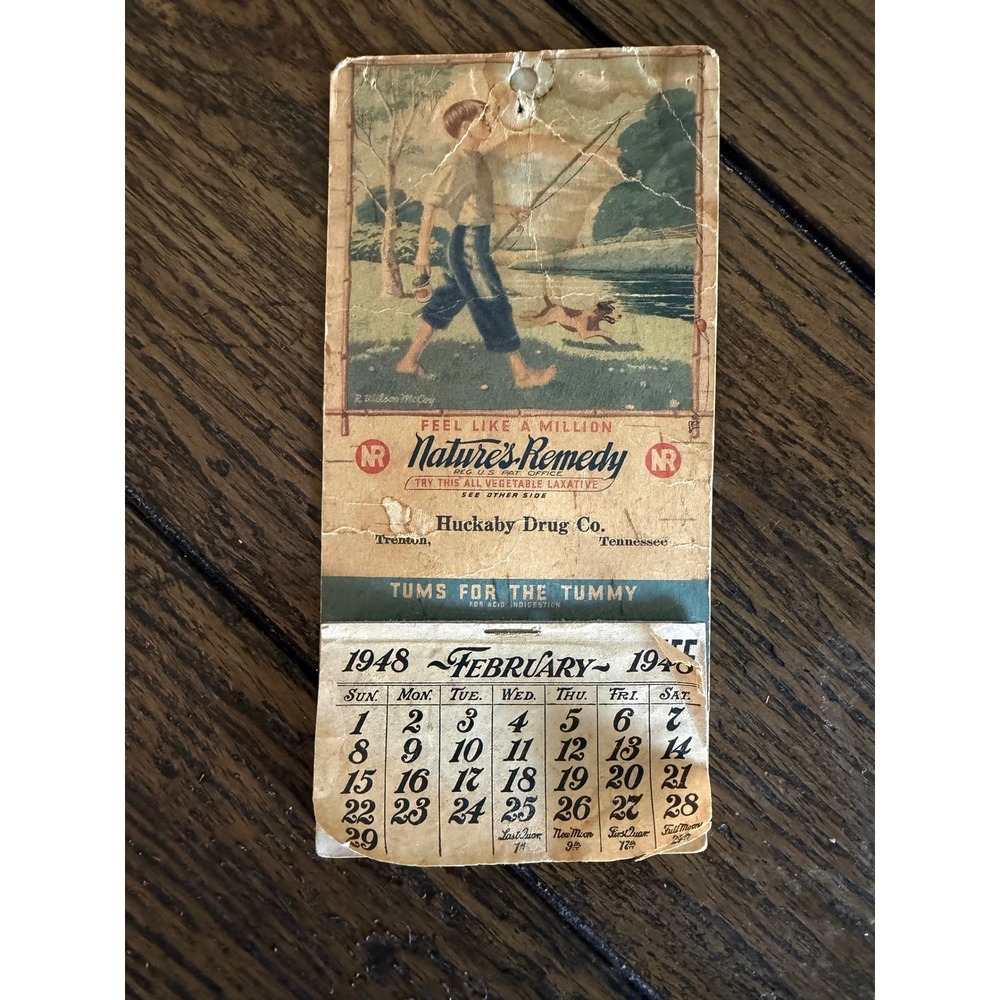 1948 Nature's Remedy Tums Vintage Pocket Calendar Huckaby Drug Co TN Fishing Ad
